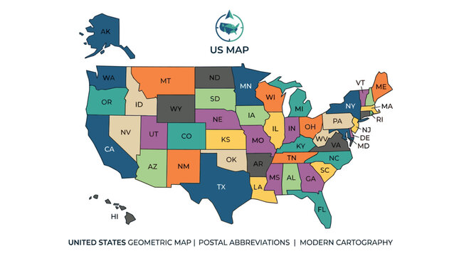 Geometric colored USA map with postal state abbreviations.