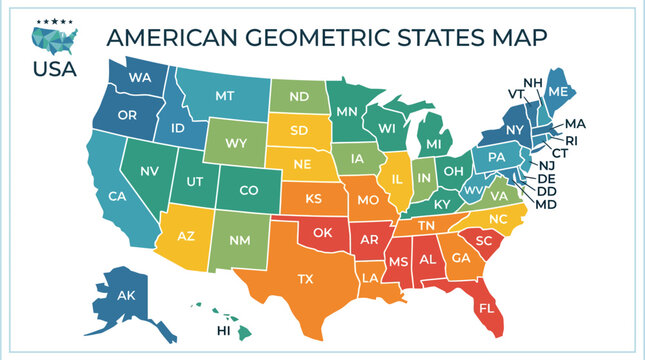 Geometric multi-colored United States map with state labels.