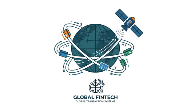 Global fintech network illustration with earth and satellite.