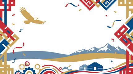 Obraz premium Eagle soaring over mountains and traditional yurts with ornaments