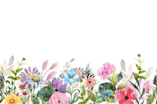 Watercolor colorful wildflowers seamless border vector illustration, elegant spring floral meadow horizontal banner background