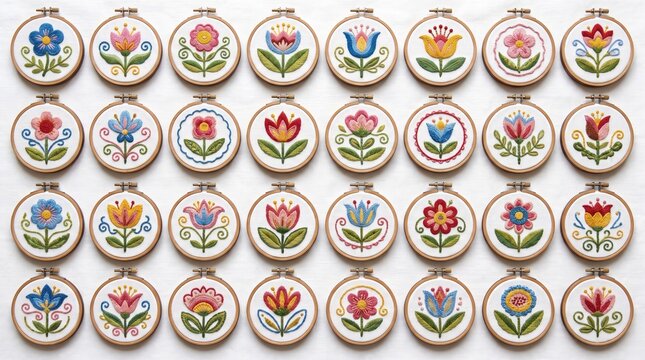 A charming collection of 32 whimsical hand-embroidered floral illustrations arranged in a clean grid on a pure white background. Each flower features a unique folk-art design with colorful petals