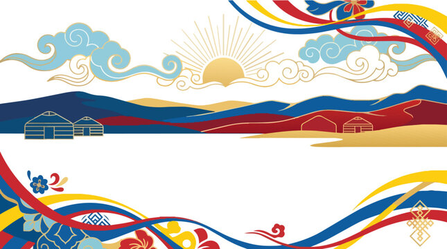 Nomadic steppe background with traditional yurts and rising sun