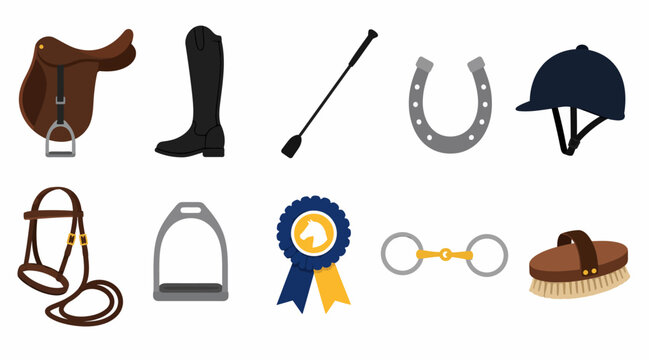 Collection of equestrian equipment and accessories icons.