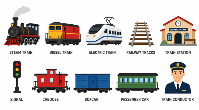 Colorful illustration of various trains and railway elements.