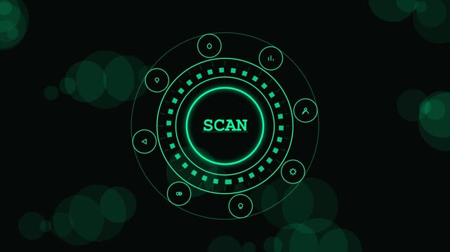 Scan interface HUD graphic with circular data elements and digital animation