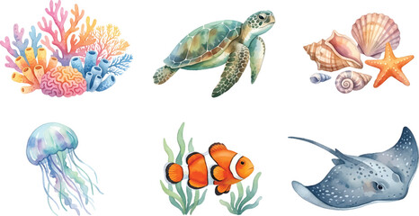 Fototapeta premium Vector Illustration Ocean Animals Watercolor Clipart Bundle Featuring Turtle, Jellyfish, Penguin and Clownfish