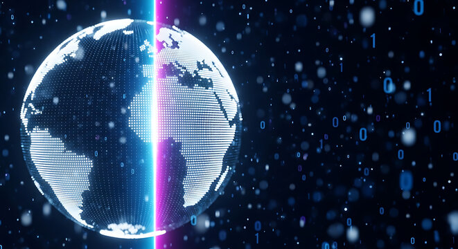 Glowing digital earth globe with binary code data stream network connection concept technology connection communication internet cyberspace information background particle innovation