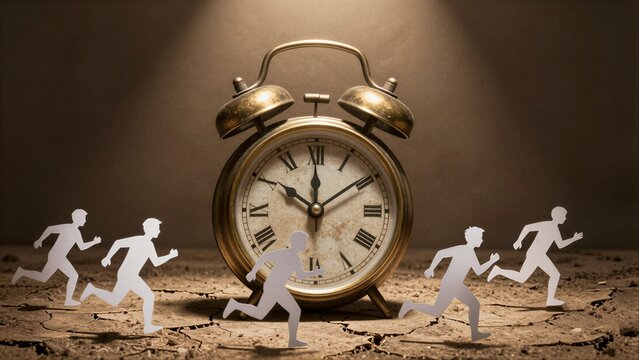 Clock watches as paper figures race across cracked earth under spotlight.