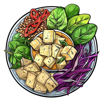 Vibrant Fresh Tofu with Greens and Seeds Arrangement in Bowl