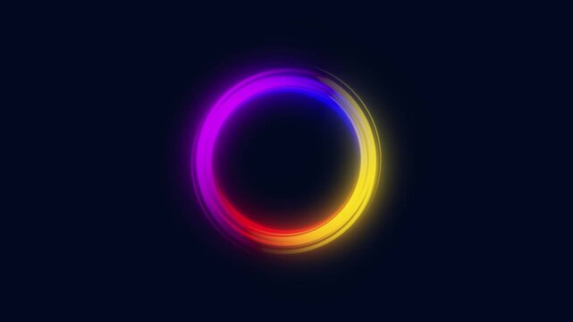 Abstract Neon Glowing Ring Background Loop | Futuristic Circle Light Motion Background | 4K Animation, Glowing ring shines with a vibrant spectrum against a deep dark background.