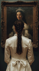 Obraz premium Woman with braided hair wearing vintage white dress stands in front of framed classical portrait painting in dimly lit room