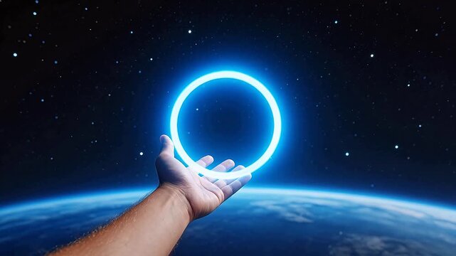 Hand reaching for glowing ring in space