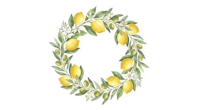 Hand-painted watercolor lemon and olive branch floral wreath, botanical vector illustration featuring citrus fruit and foliage isolated on white background for wedding invitation design.
