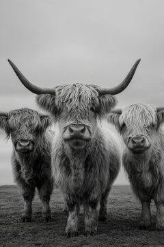 Three highland cow with long horns stand on grass field in black and white photo with moody sky