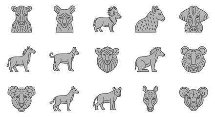 Collection of various wild animals in a monochrome stylized illustration. © Nabila