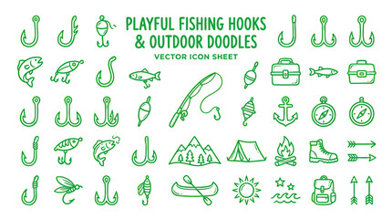 Playful Fishing Hooks & Outdoor Doodles - Vector Icon Sheet © beni