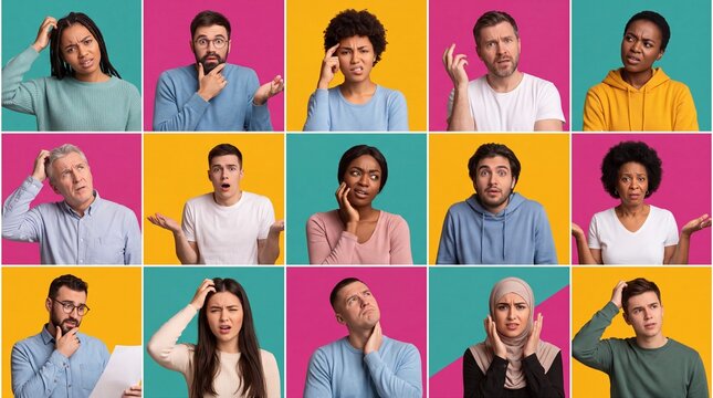 Collage of diverse people expressing confusion, doubt, and uncertainty against vibrant colorful backgrounds