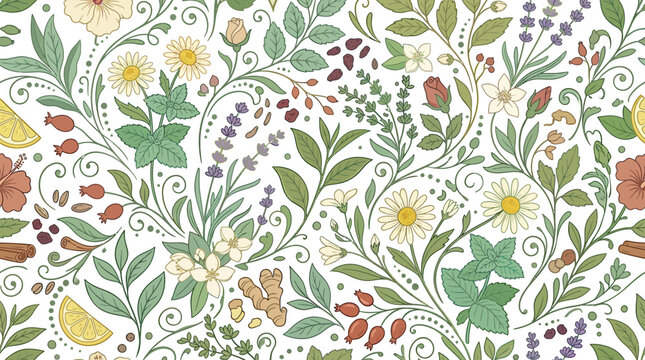 Herbal Tea Pattern: Flowers, Leaves, Ginger, Lemon, Cinnamon, Berries