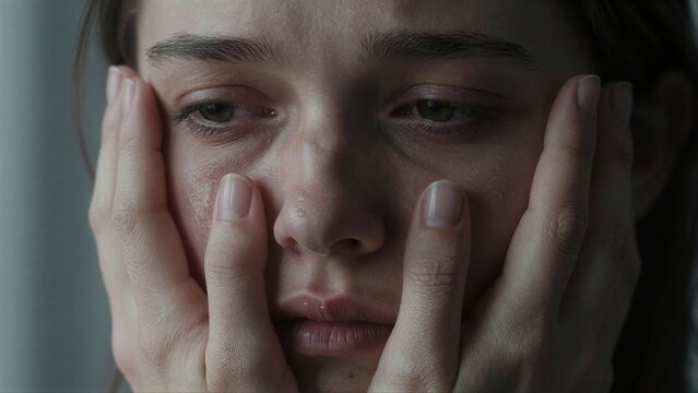A woman holds her face, eyes filled with tears of sorrow.
