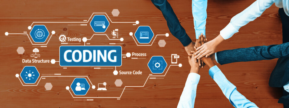 A dynamic image showcasing teamwork in coding, featuring diverse hands reaching together, complemented by a flowchart graphic representing critical programming concepts and processes. Amity