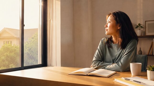 Asian woman reflecting by the window with notebook during golden hour
