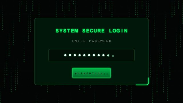 System secure login interface with green digital code background animation