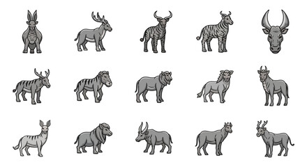 Obraz premium Collection of various wild animals in a detailed sketch style showcasing different species with unique horns and features.