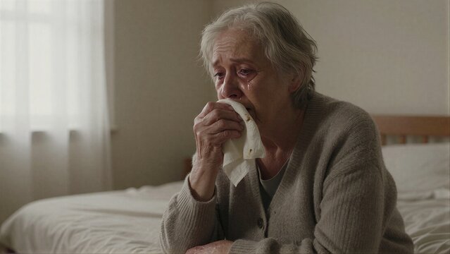 An elderly woman cries, wiping her face with a cloth while sitting on a bed.