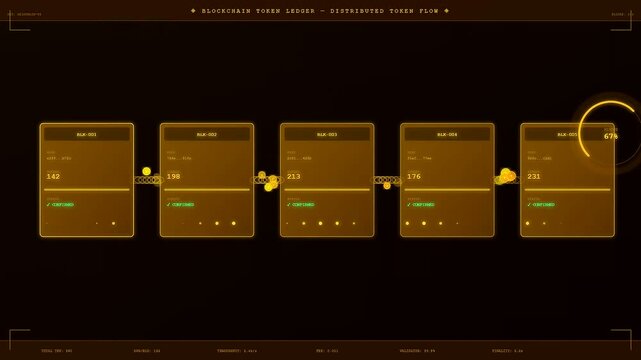 The token streaming interface displays sequential data blocks with glowing orange circular progress indicators moving across a dark digital panel to show active validation status
