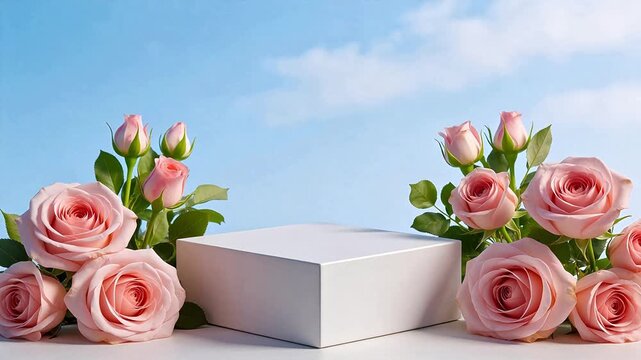 Pink roses and white box on blue sky