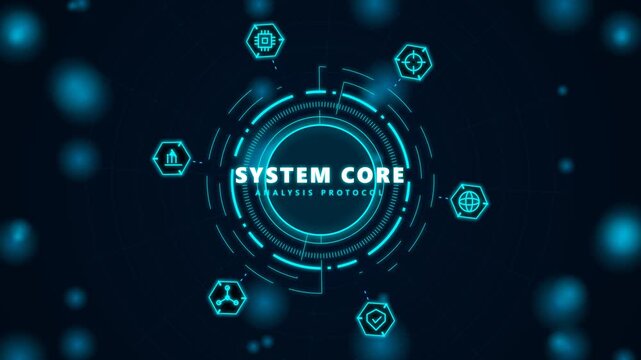 System core analysis protocol interface with futuristic digital data icons