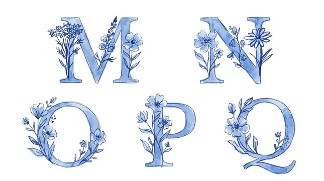 Artistic Floral Alphabet Vector Set Featuring Elegant Letters M N O P Q Decorated with Vibrant Watercolor Botanical Flowers and Green Foliage Isolated on White Background for Wedding Design