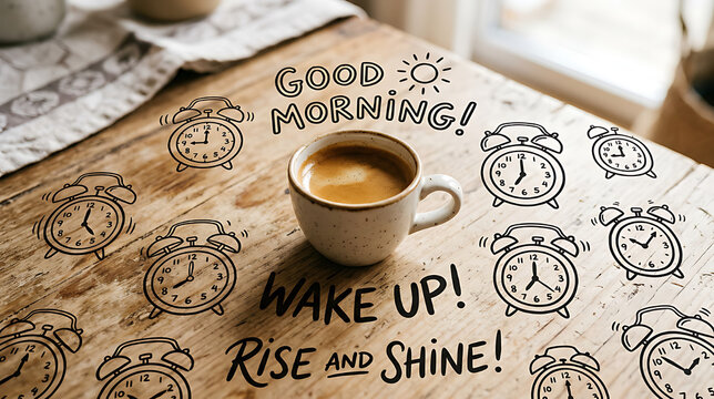 Motivational morning routine image featuring clocks and a warm coffee cup encouraging waking up and starting the day positively