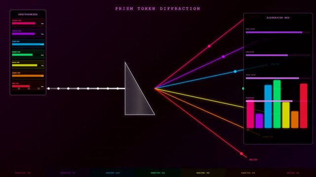 Token streaming across a digital interface where colorful light beams pass through a glass prism to generate bar charts and complex spectrum data readouts