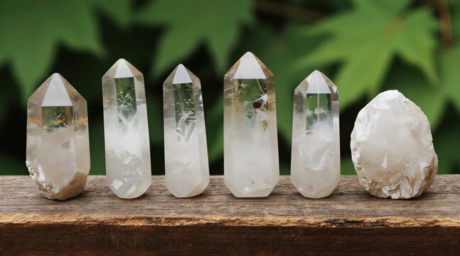 Group of clear quartz crystals arranged on weathered wood planks. Some points are sharp, others rough, against a blurred green leafy background. Natural rock formations for healing.