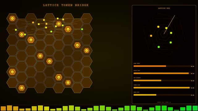 Token streaming interface with animated glowing nodes and data bars displays flickering amber and green visual movement across the screen showing flow in a modern interface