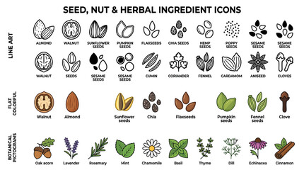 Seed, Nut & Herbal Ingredient Icons: Line Art, Flat Colorful, Botanical Pictograms © Deni