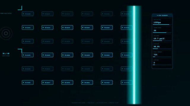 Token streaming interface showing continuous modular data flow across digital panels with neon cyan light bars pulsating during intensive server array processing operations in dark space