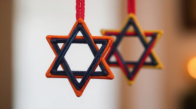 Two handmade star of David ornaments hang with soft blurred lighting. They are colorful and woven from threads. Suitable for Jewish holidays and cultural celebrations.