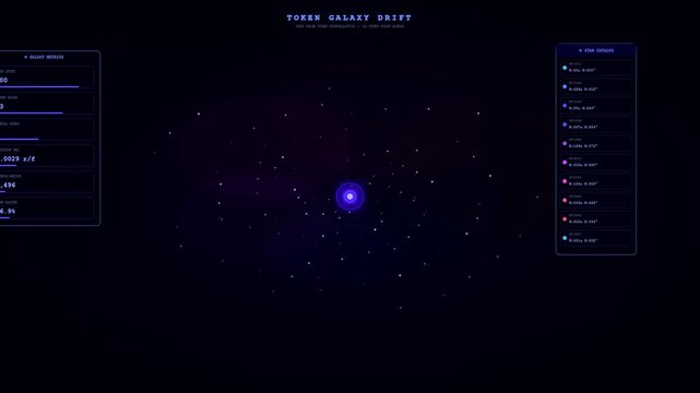 Token streaming interface displays glowing nodes spinning within a dark virtual void showing complex financial metrics and glowing light flares moving through a digital space