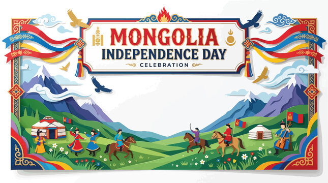 Mongolia independence day celebration with paper art and ornaments
