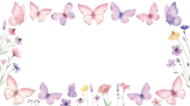 Elegant Watercolor Border Featuring Pink and Violet Butterfly Accents with Delicate Floral Ornaments on a Soft Vector Background Design for Wedding Invitations or Seasonal Greeting Cards
