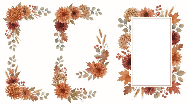 Elegant autumn floral illustration featuring a botanical corner border and frame with burnt orange terracotta leaves and rustic seasonal foliage for harvest wedding invitation background
