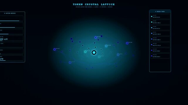 A glowing token streaming interface visualizes interconnected node networks pulsing with cyan light against deep dark space displaying complex digital structural patterns and information panels