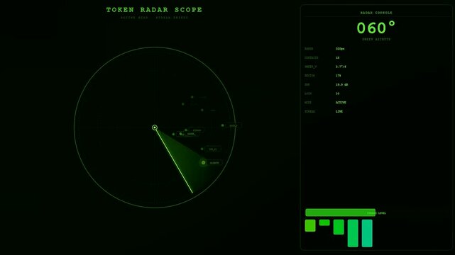 A digital token streaming interface shows sweeping radar scopes with glowing green circular monitors and bar charts visualizing signal flow across three sequential frames of movement