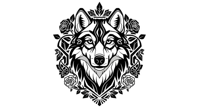 Stylized wolf head illustration with roses on white background