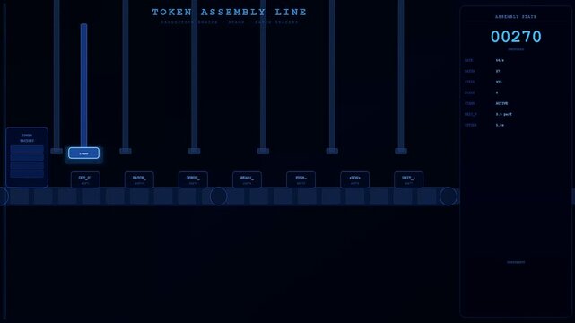 A blue digital token streaming interface shows automated data processing on a dark screen with moving icons and numerical values updated in a linear sequence