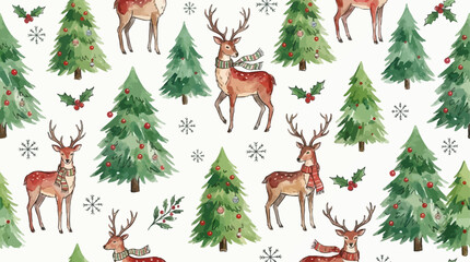 Elegant watercolor vector Christmas seamless pattern featuring majestic reindeer and lush green fir trees on a white background for holiday festive winter textile design and seasonal decor © eun