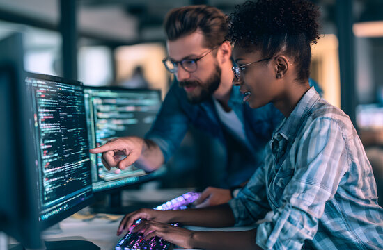 Two differently skilled engineers are working on code at gleaming computer screens. The team is engaged in a software development project in a contemporary office. One man is directing his gaze toward